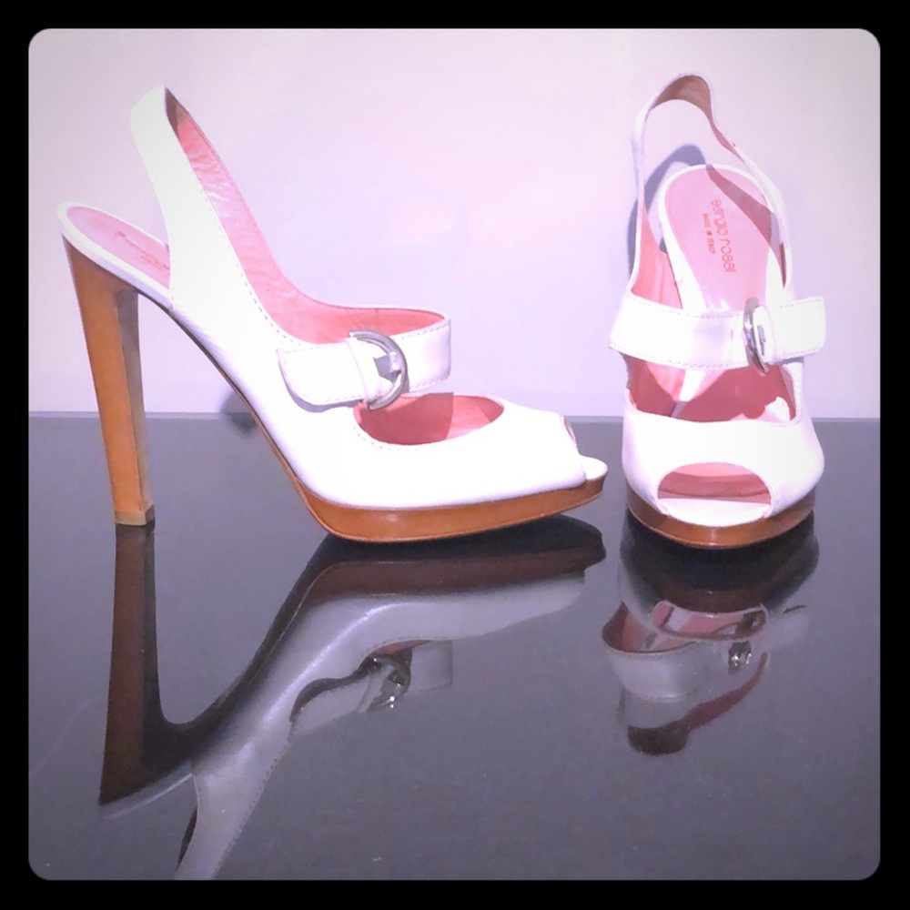 SERGIO ROSSI White Leather Wooden Heels. NWOT
